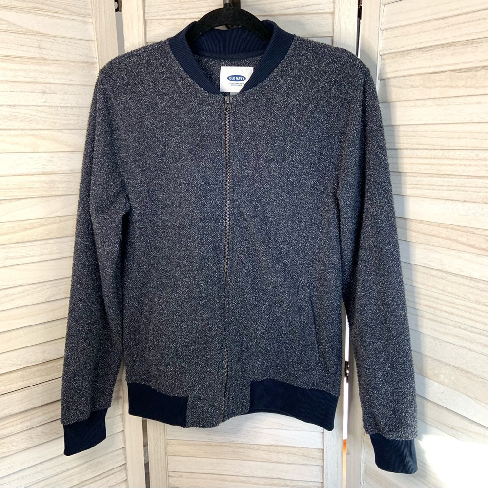 Old Navy Men’s Gray and Blue Textured Minimalist Zip Up Bomber Jacket Like New